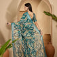 Teal Blue Abstract Linen Cotton Saree