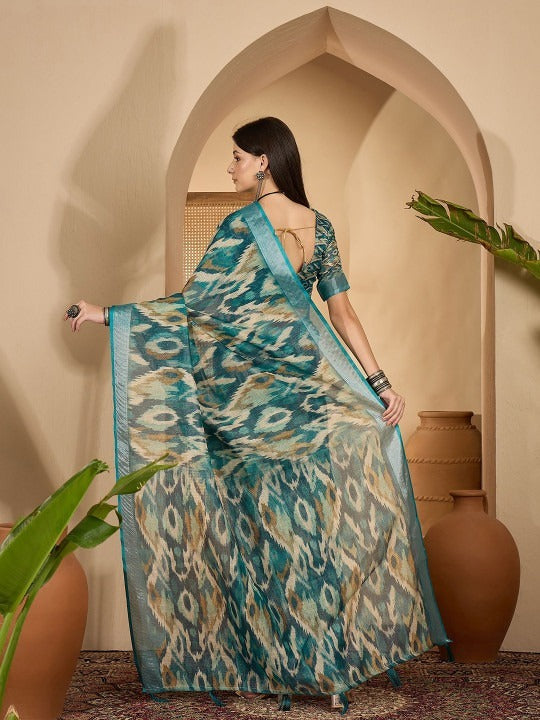 Teal Blue Abstract Linen Cotton Saree