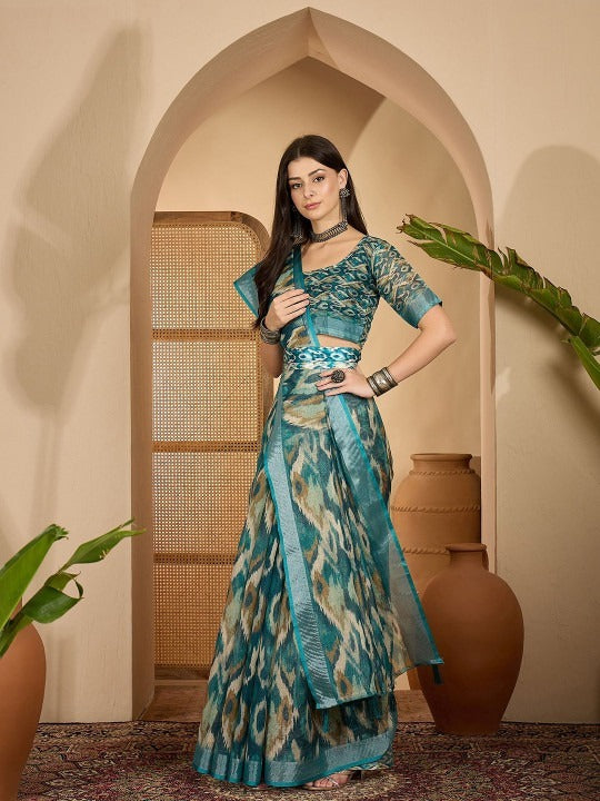 Teal Blue Abstract Linen Cotton Saree