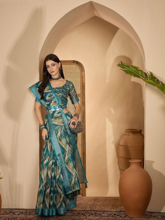 Teal Blue Abstract Linen Cotton Saree