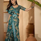 Teal Blue Abstract Linen Cotton Saree