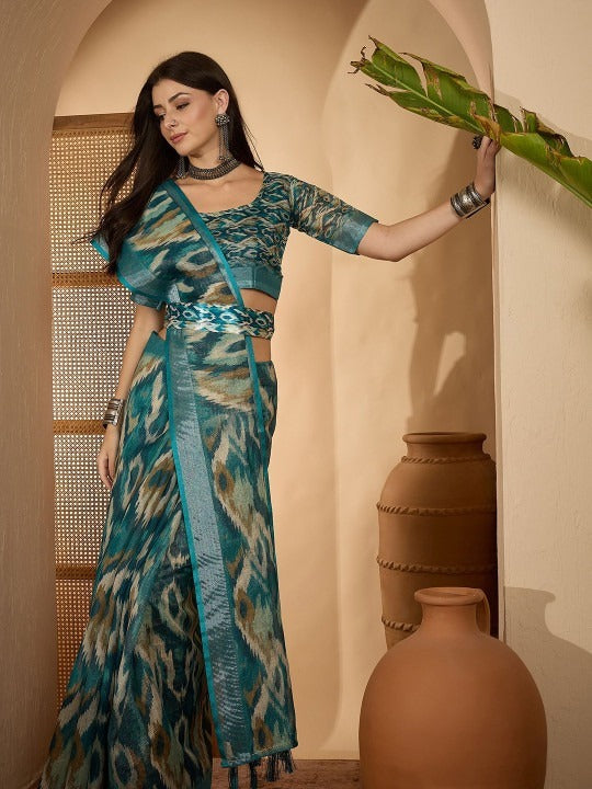 Teal Blue Abstract Linen Cotton Saree
