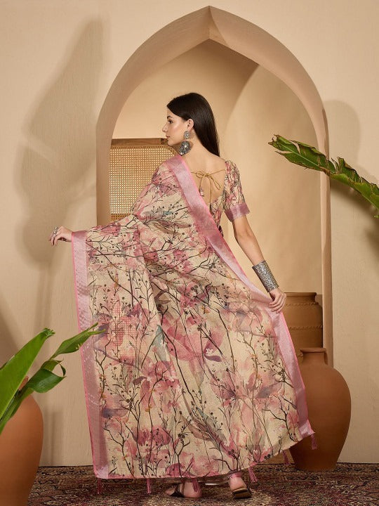 Soft Pink Floral Linen Cotton Saree