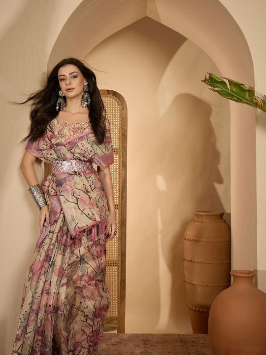 Soft Pink Floral Linen Cotton Saree