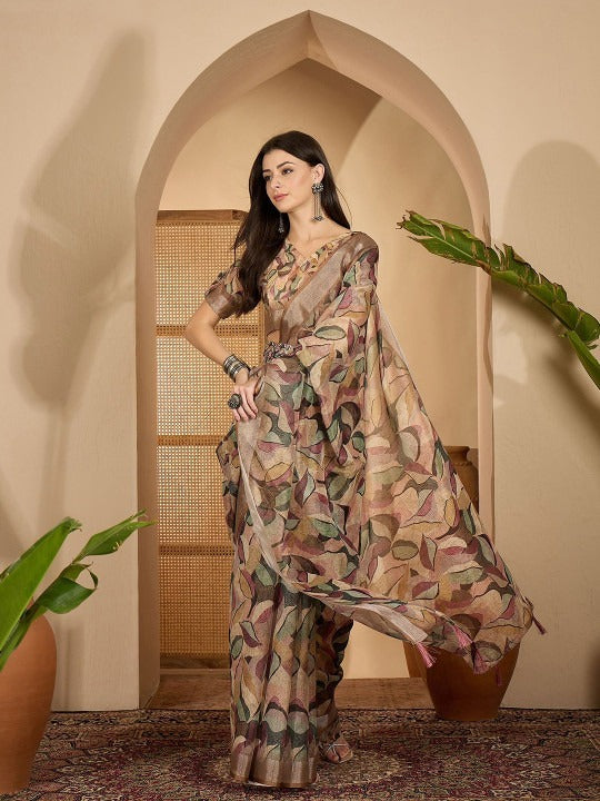 Soft Pink Floral Linen Cotton Saree