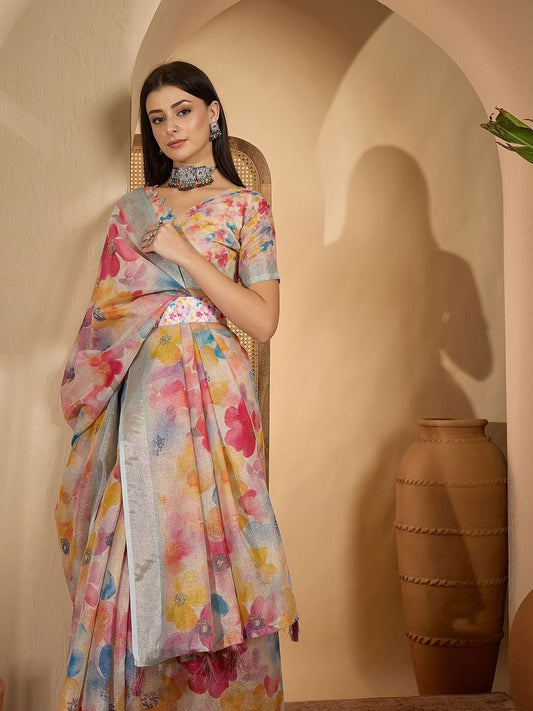 Elegant Pastel Floral Linen Cotton Saree