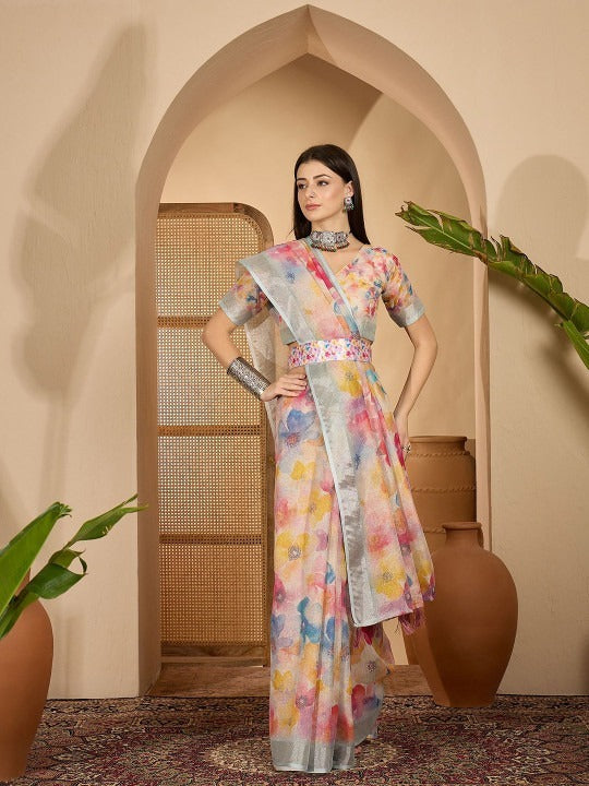 Elegant Pastel Floral Linen Cotton Saree