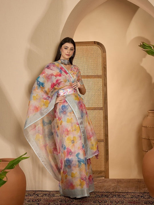 Elegant Pastel Floral Linen Cotton Saree