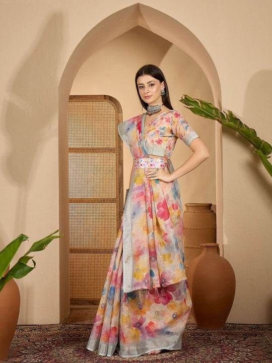 Elegant Pastel Floral Linen Cotton Saree