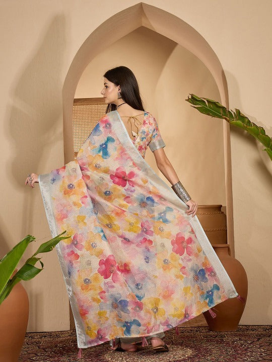 Elegant Pastel Floral Linen Cotton Saree