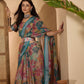 Elegant Teal Floral Weave Linen Cotton Saree