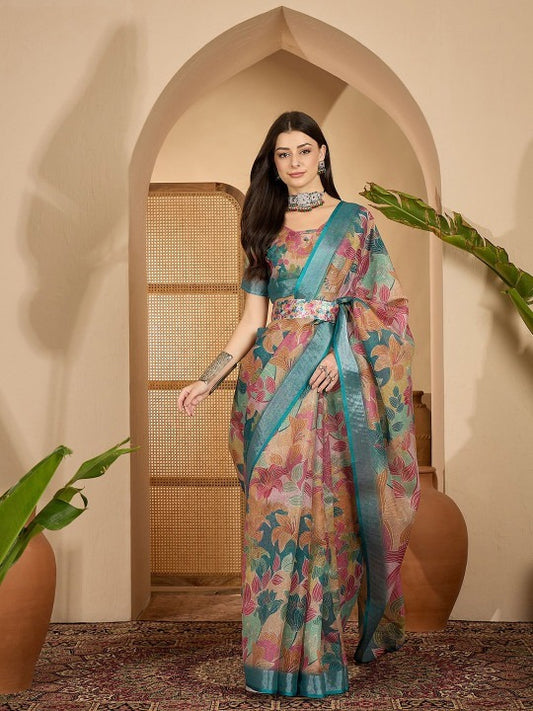 Elegant Teal Floral Weave Linen Cotton Saree