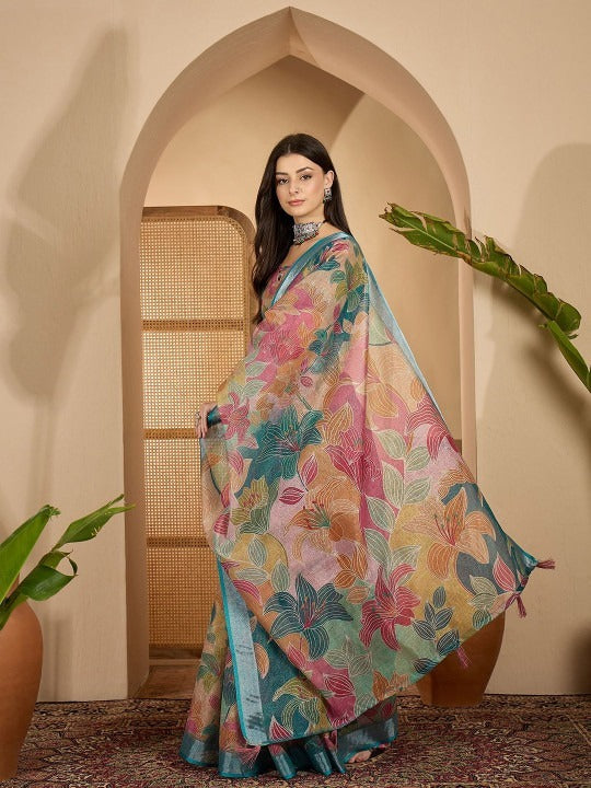 Elegant Teal Floral Weave Linen Cotton Saree