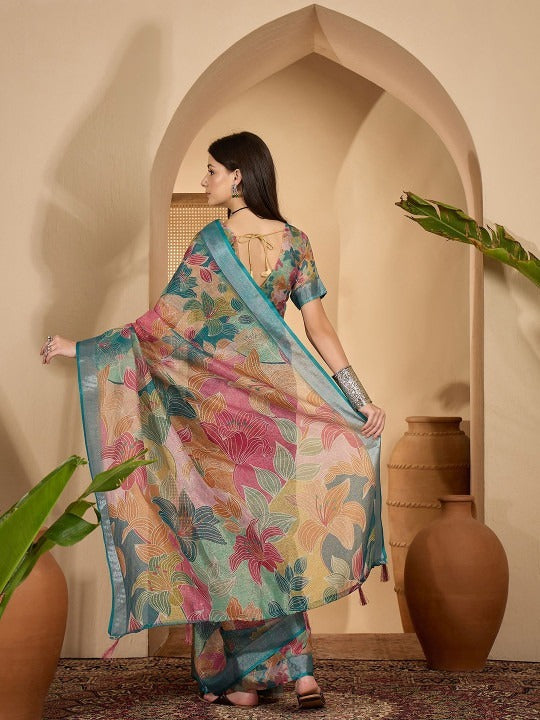 Elegant Teal Floral Weave Linen Cotton Saree