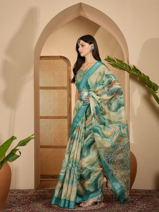 Aqua Marble Digital Print Linen Cotton  Saree