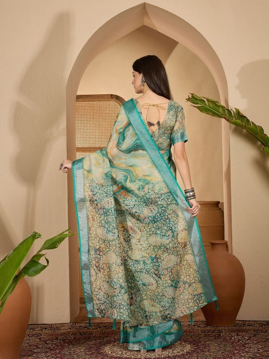 Aqua Marble Digital Print Linen Cotton  Saree