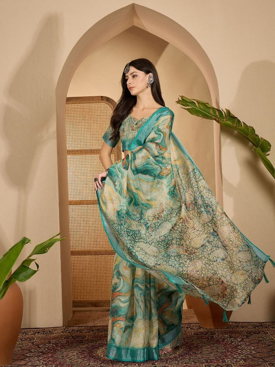 Aqua Marble Digital Print Linen Cotton  Saree