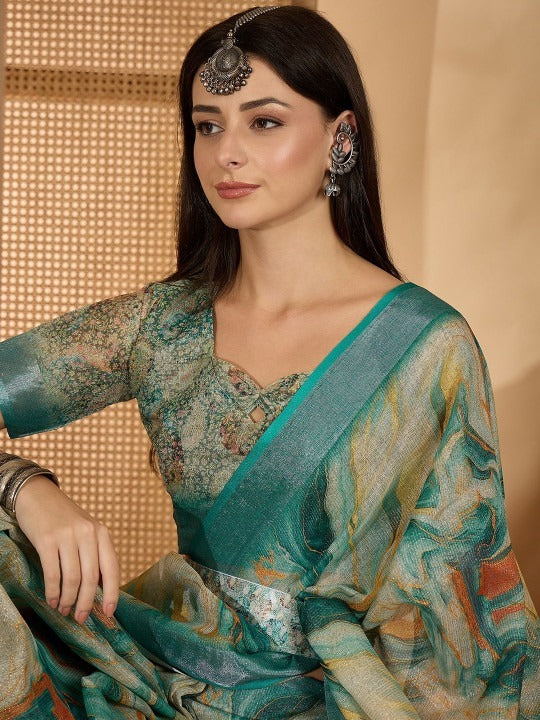Aqua Marble Digital Print Linen Cotton  Saree