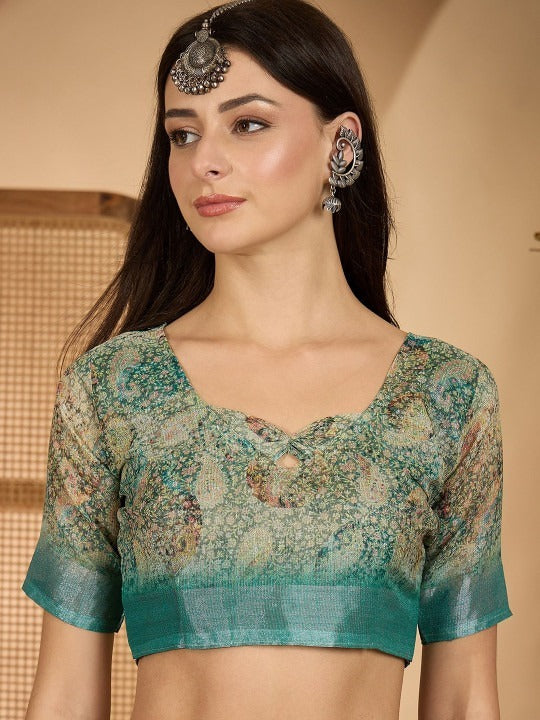 Aqua Marble Digital Print Linen Cotton  Saree