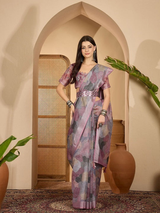 Lavender Leaf Digital Print Linen Cotton Saree