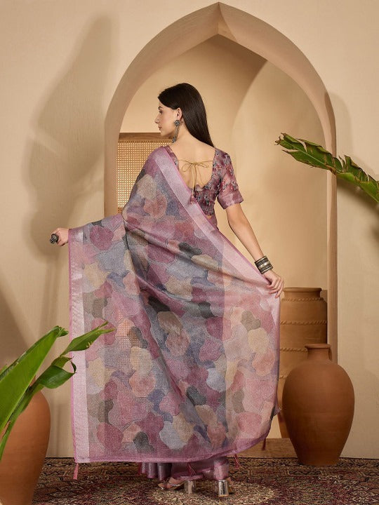 Lavender Leaf Digital Print Linen Cotton Saree
