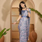 Misty Blue Floral Digital Print Linen Cotton Saree