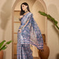 Misty Blue Floral Digital Print Linen Cotton Saree