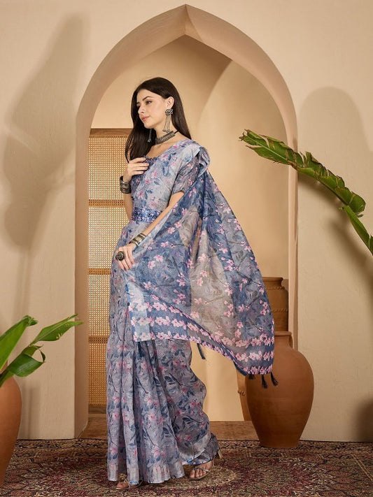 Misty Blue Floral Digital Print Linen Cotton Saree