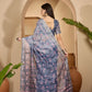 Misty Blue Floral Digital Print Linen Cotton Saree