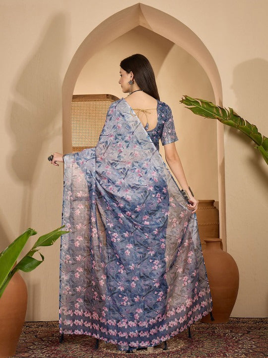 Misty Blue Floral Digital Print Linen Cotton Saree