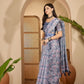 Misty Blue Floral Digital Print Linen Cotton Saree