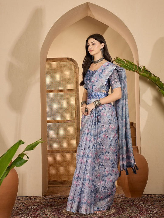 Misty Blue Floral Digital Print Linen Cotton Saree