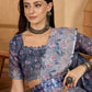 Misty Blue Floral Digital Print Linen Cotton Saree