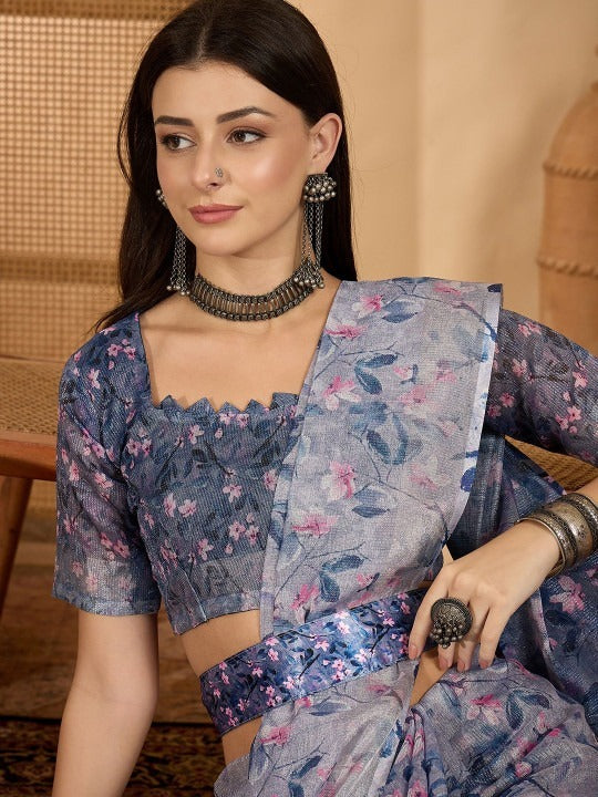 Misty Blue Floral Digital Print Linen Cotton Saree