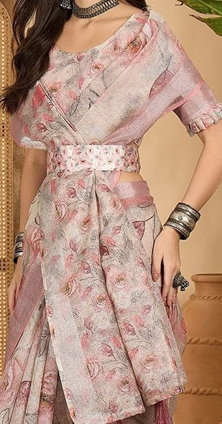 Off-white base with Pastel Pink and Grey Digital Print Linen Cotton Saree