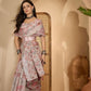 Off-white base with Pastel Pink and Grey Digital Print Linen Cotton Saree