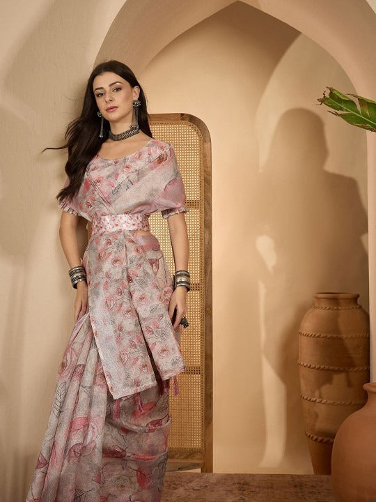 Off-white base with Pastel Pink and Grey Digital Print Linen Cotton Saree