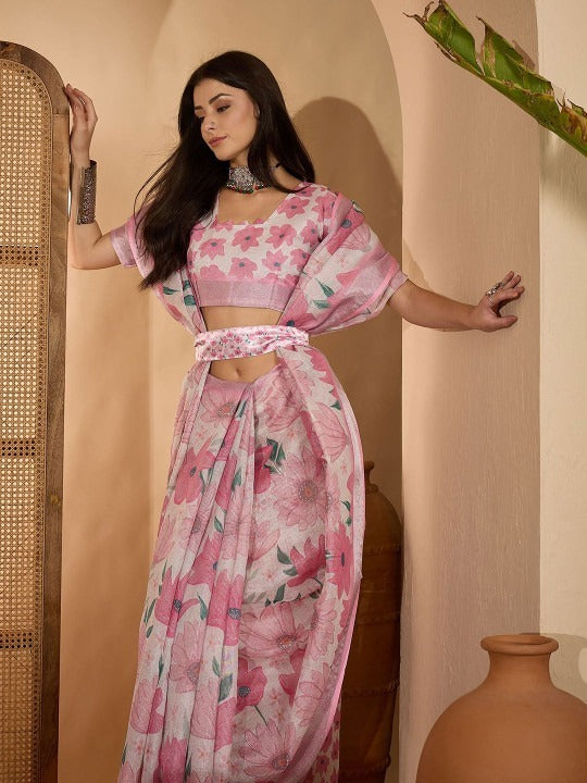 Bold Floral Digital Print Linen Cotton Saree