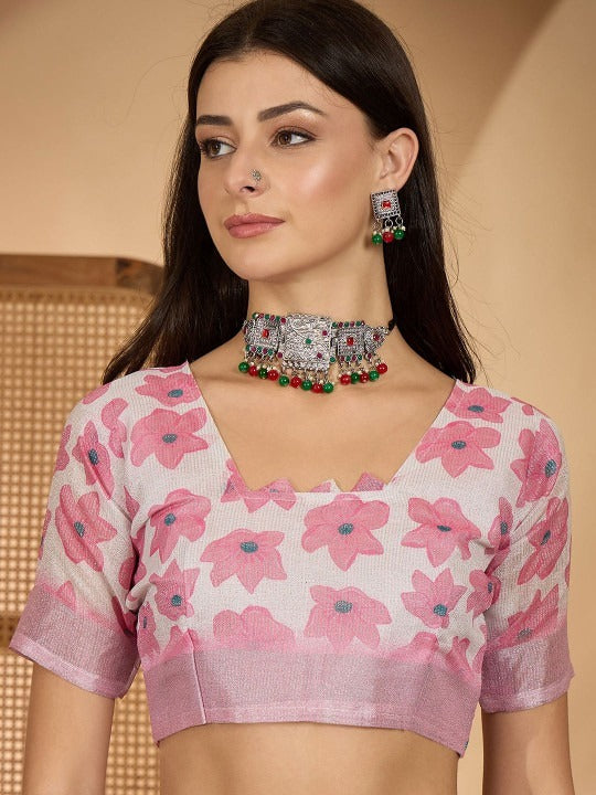 Bold Floral Digital Print Linen Cotton Saree