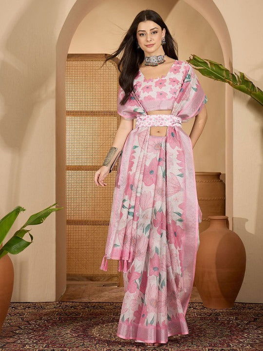 Bold Floral Digital Print Linen Cotton Saree