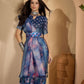 Deep Blue Floral Digital Print Linen Cotton Saree