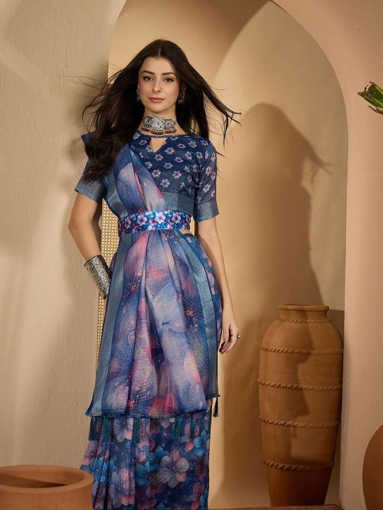 Deep Blue Floral Digital Print Linen Cotton Saree