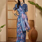 Deep Blue Floral Digital Print Linen Cotton Saree
