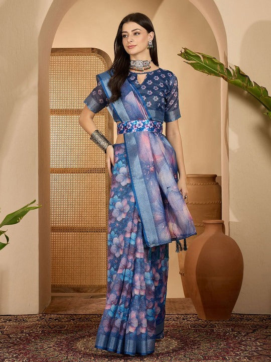 Deep Blue Floral Digital Print Linen Cotton Saree