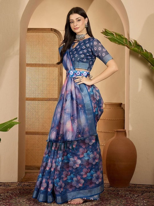 Deep Blue Floral Digital Print Linen Cotton Saree