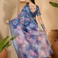 Deep Blue Floral Digital Print Linen Cotton Saree