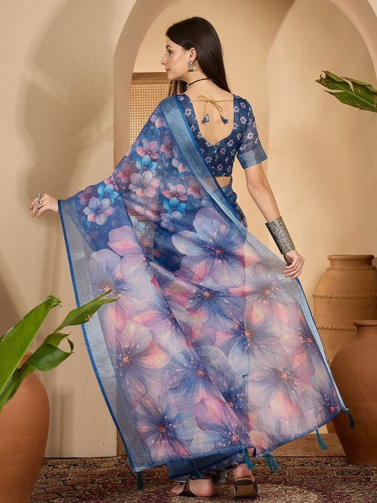 Deep Blue Floral Digital Print Linen Cotton Saree