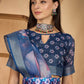 Deep Blue Floral Digital Print Linen Cotton Saree