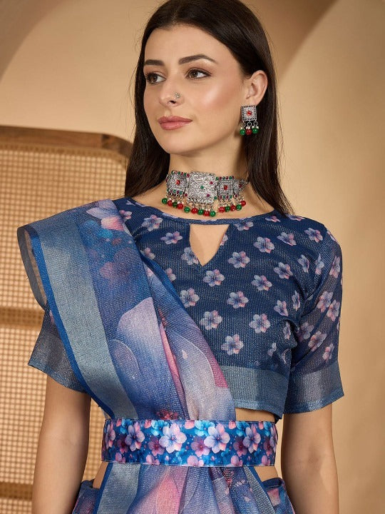 Deep Blue Floral Digital Print Linen Cotton Saree