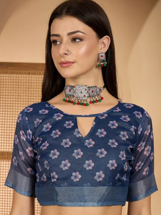 Deep Blue Floral Digital Print Linen Cotton Saree